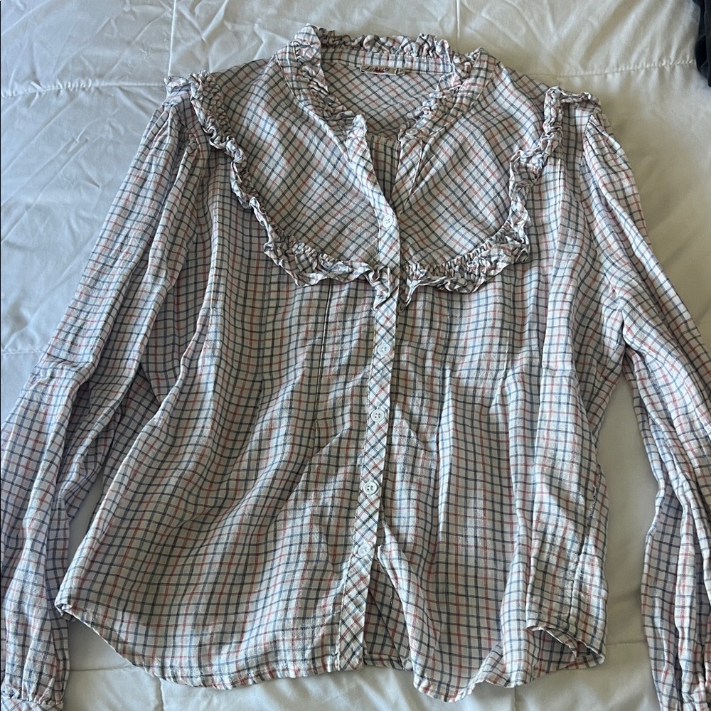 Faherty Ruffled Plaid Button-Down Blouse - White … - image 1
